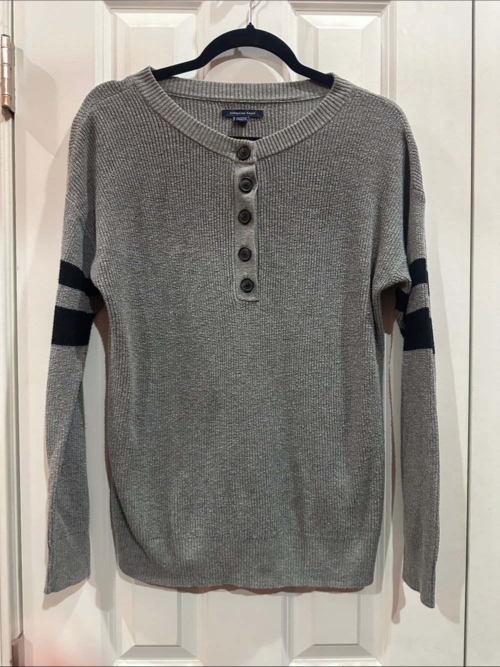 American Eagle Outfitters Grey Crewneck Henley Sweater with Black Sleeve Stripe